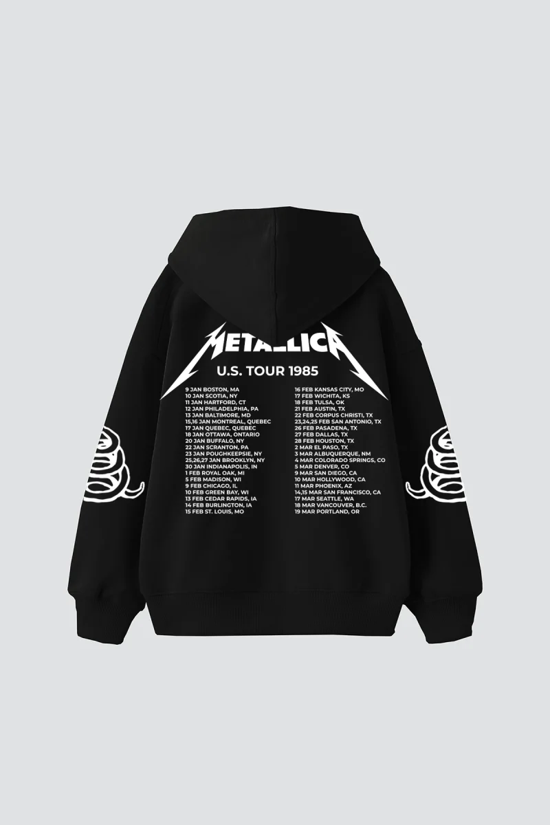 Metallica Tour 1985 Baskılı Oversize Unisex Siyah Hoodie