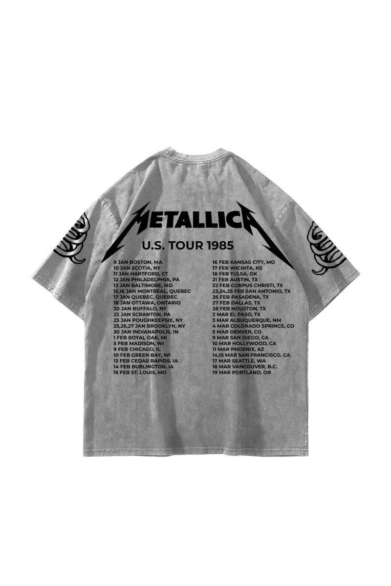 Metallica Tour 1985 Baskılı Oversize Unisex Yıkamalı Beyaz Tshirt