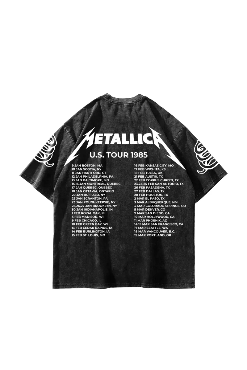 Metallica Tour 1985 Baskılı Oversize Unisex Yıkamalı Siyah Tshirt