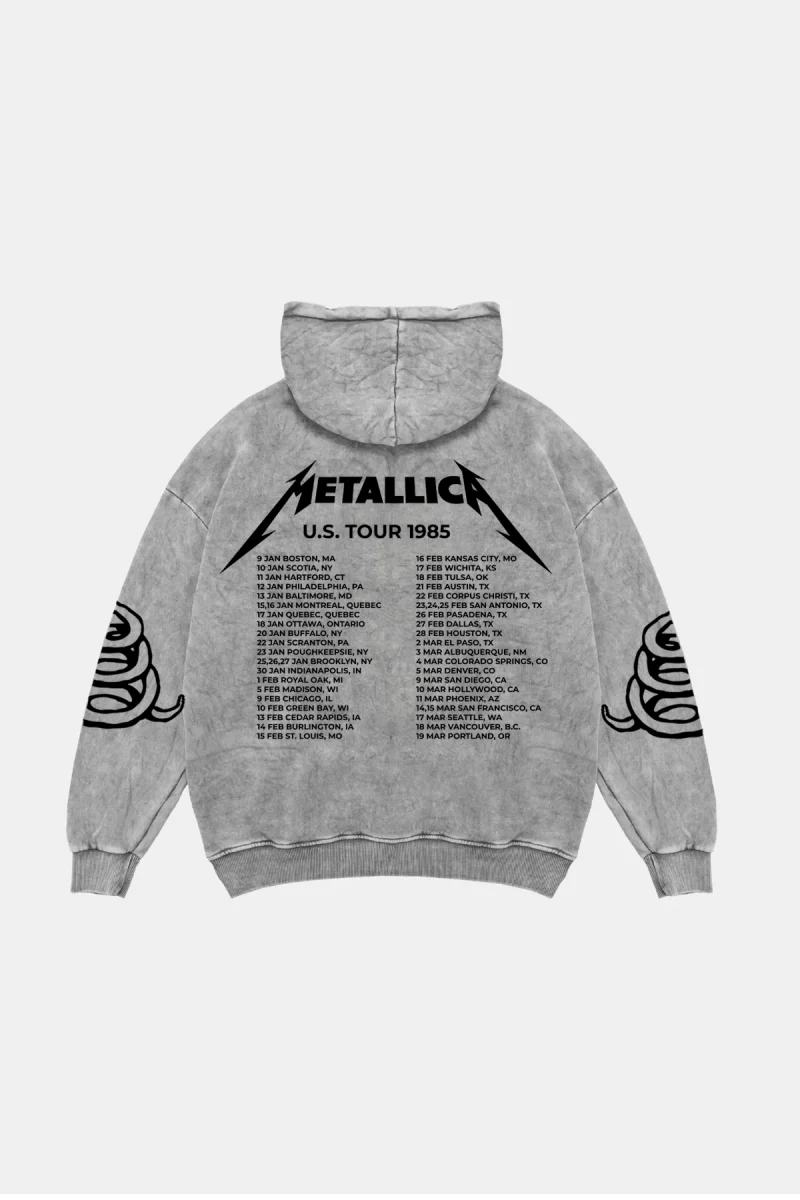 Metallica Tour 1985 Oversize Unisex Yıkamalı Beyaz Hoodie