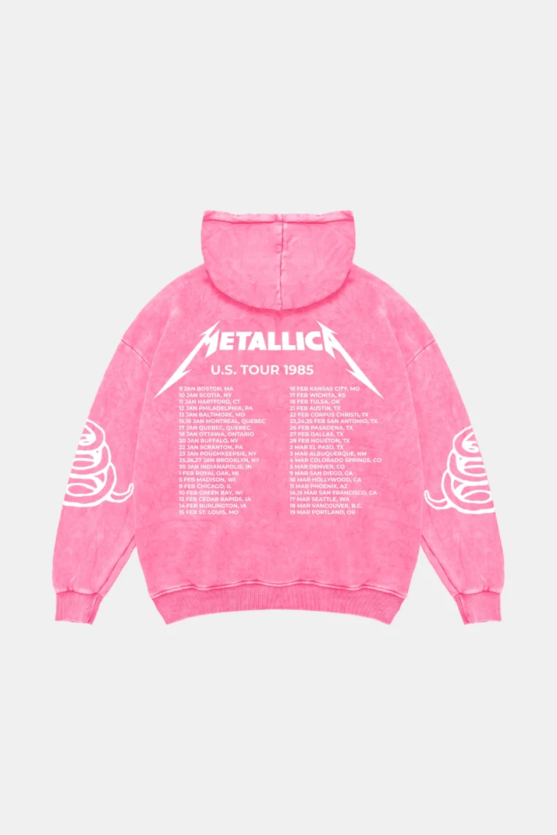 Metallica Tour 1985 Oversize Unisex Yıkamalı Pembe Hoodie