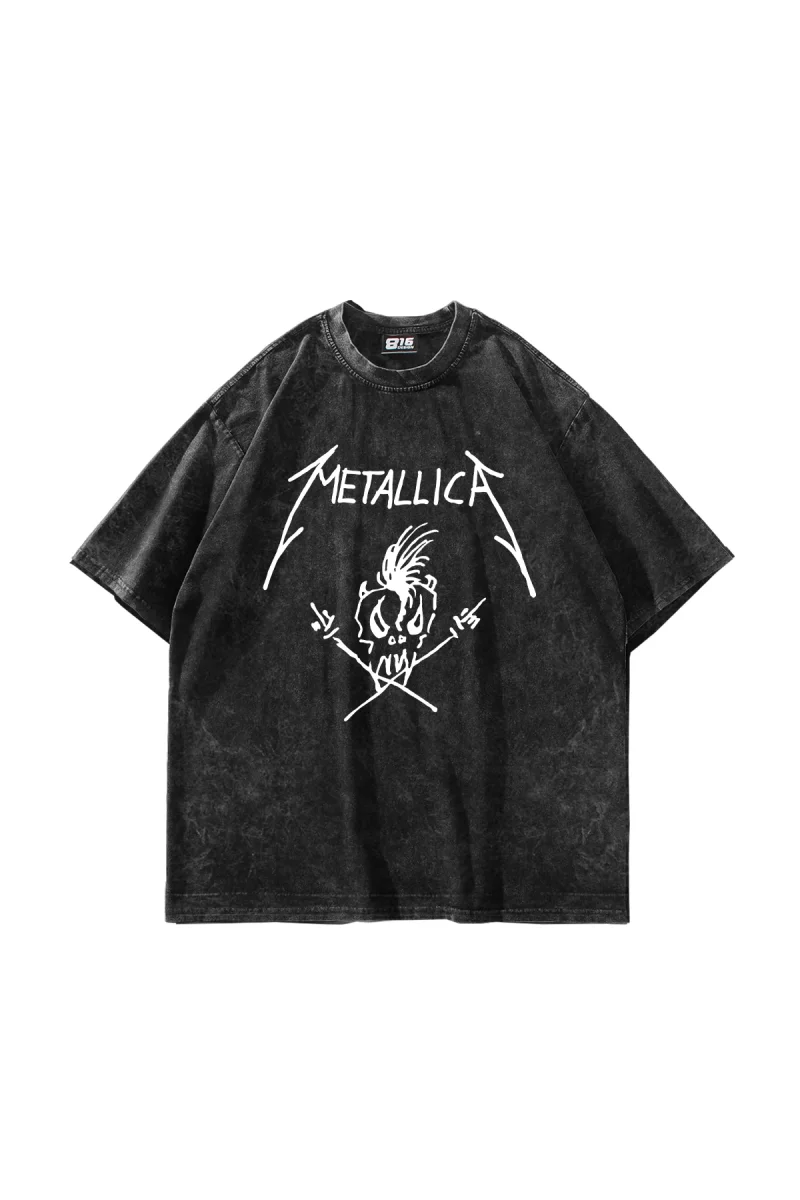 Metallifukinca Baskılı Oversize Unisex Yıkamalı Siyah Tshirt