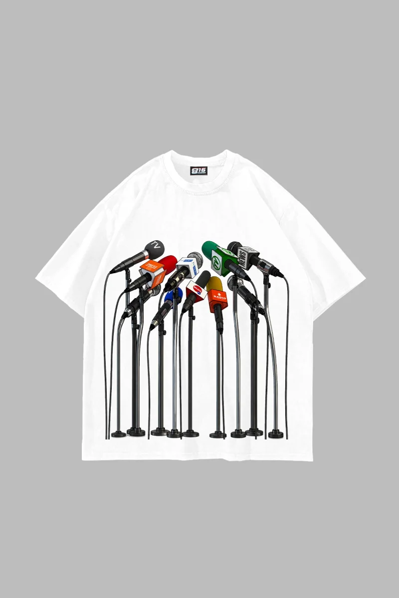 Microphones Baskılı Oversize Unisex Beyaz Tshirt