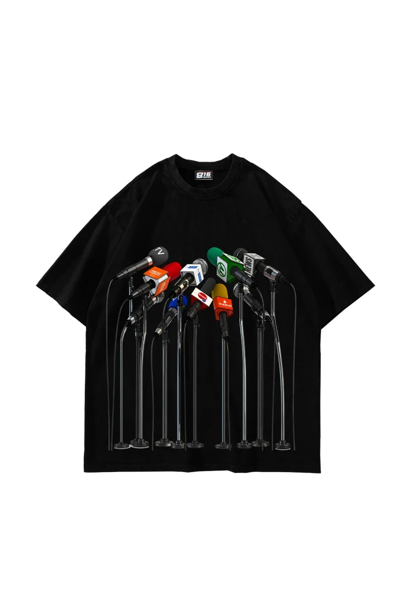 Microphones Baskılı Oversize Unisex Siyah Tshirt