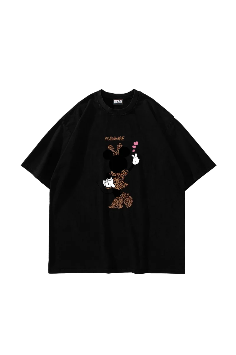 Minnie Baskılı Oversize Unisex Siyah Tshirt