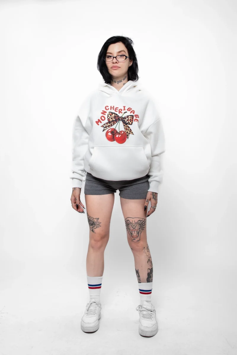 Mon Cherie Baskılı Oversize Unisex Beyaz Hoodie