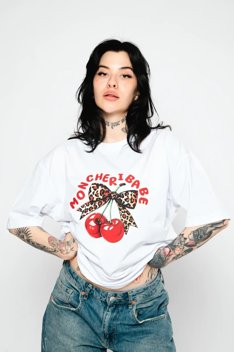 Mon Cherie Baskılı Oversize Unisex Beyaz Tshirt