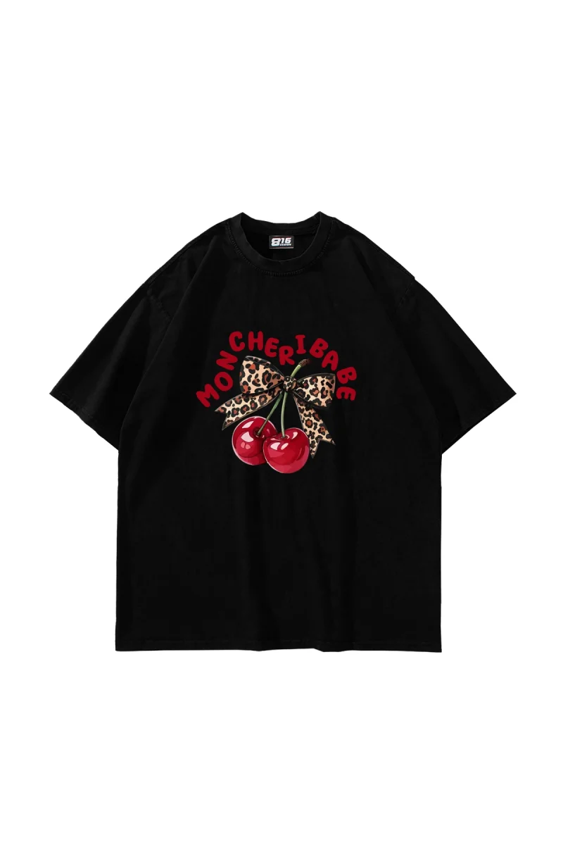 Mon Cherie Baskılı Oversize Unisex Siyah Tshirt