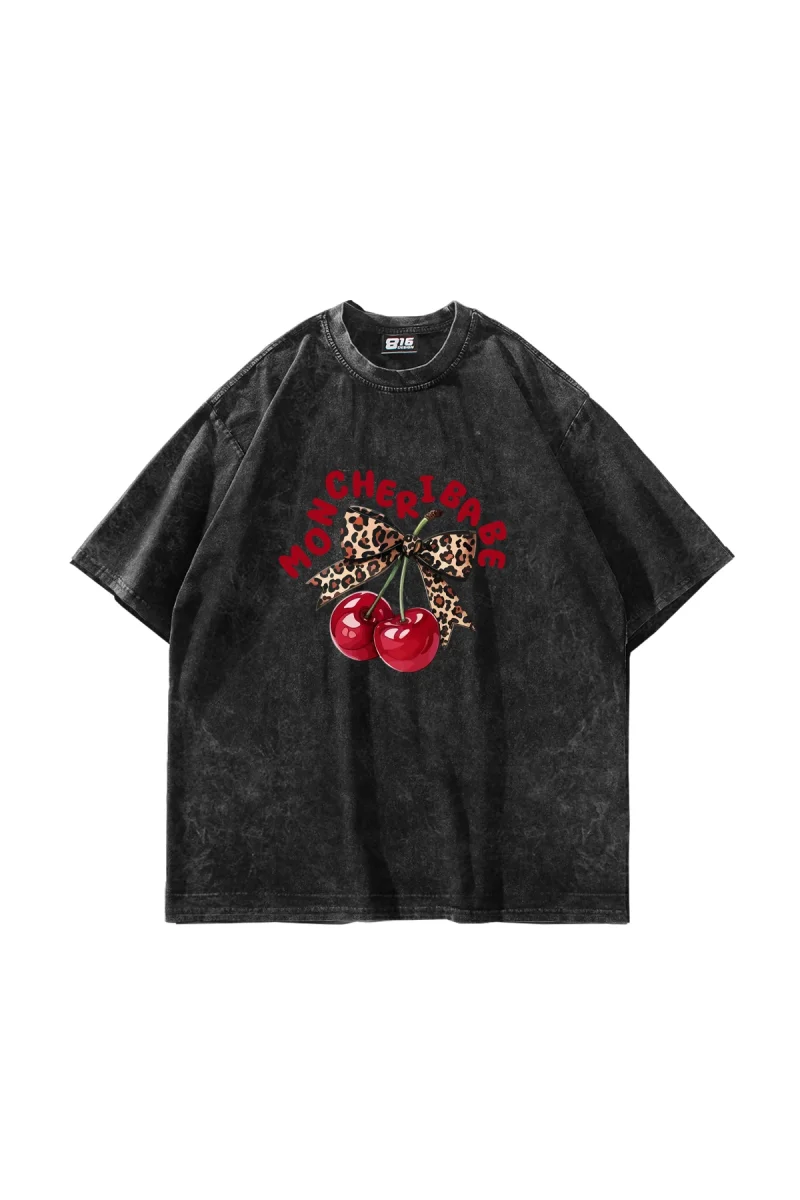 Mon Cherie Baskılı Oversize Unisex Yıkamalı Siyah Tshirt