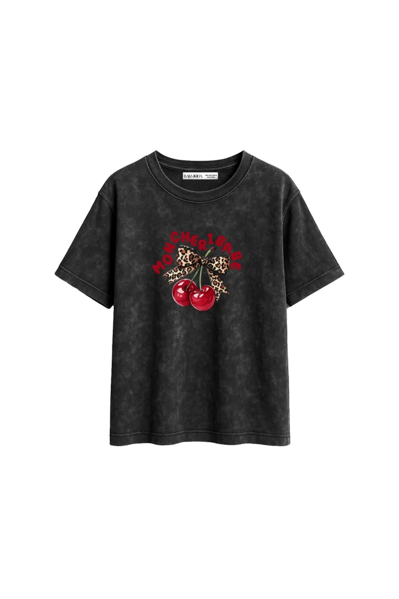 Mon Cherie Baskılı Relaxed Fit Yıkamalı Siyah Kadın Tshirt