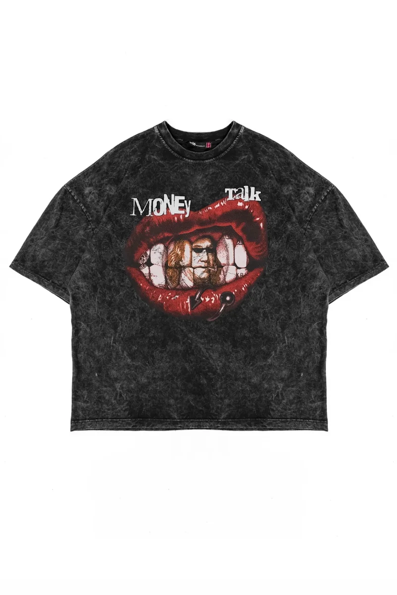 Money Talk Baskılı Yıkamalı Siyah Unisex Oversize Tshirt