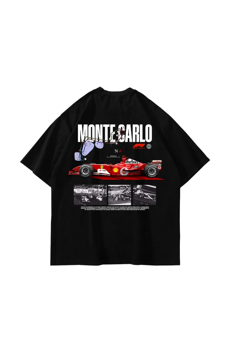 Monte Carlo Car Baskılı Oversize Unisex Premium Siyah Tshirt