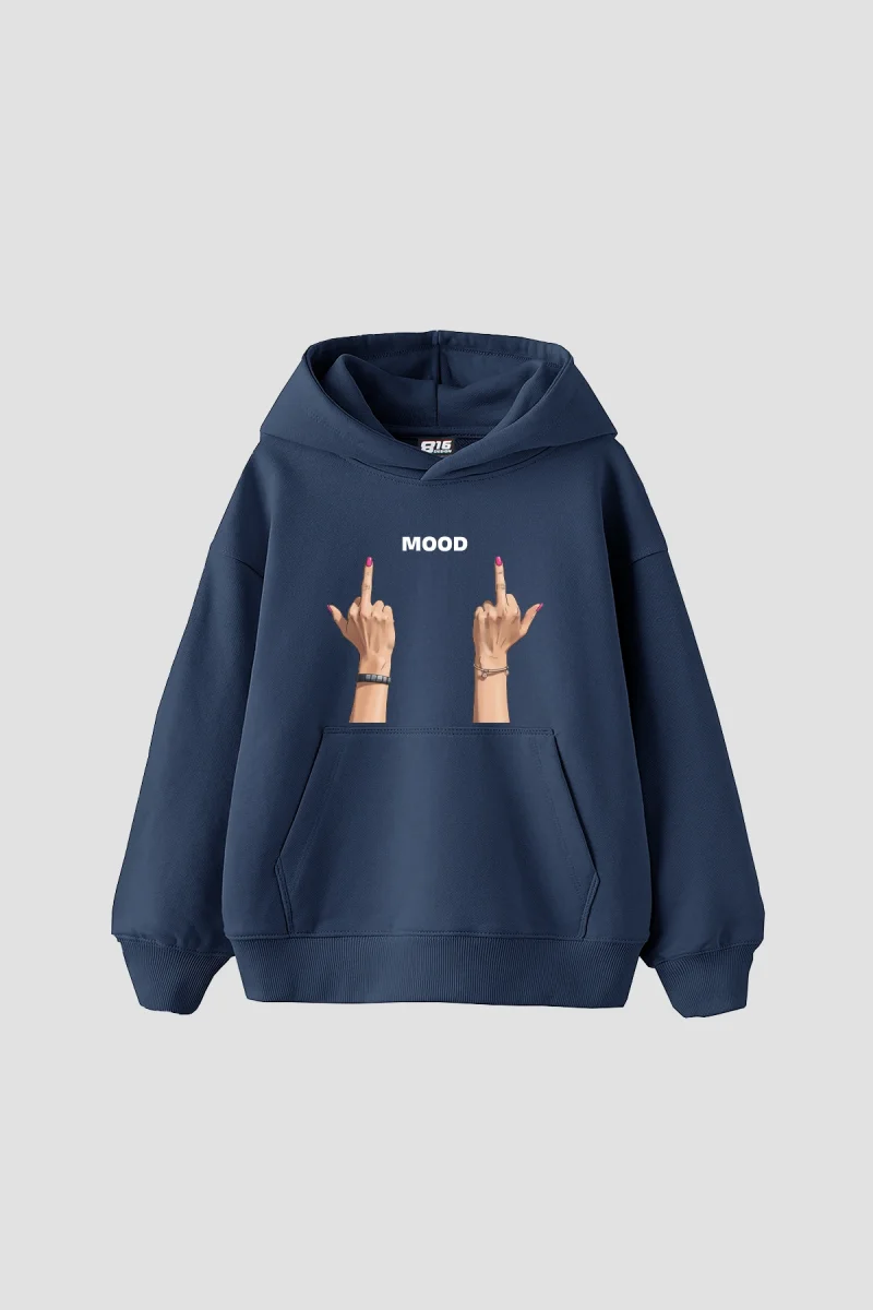 Mood Fu. Baskılı Oversize Unisex İndigo Hoodie
