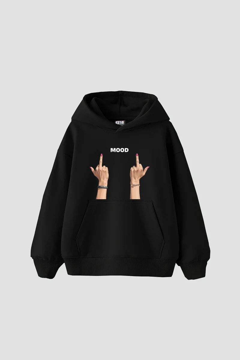 Mood Fu. Baskılı Oversize Unisex Siyah Hoodie