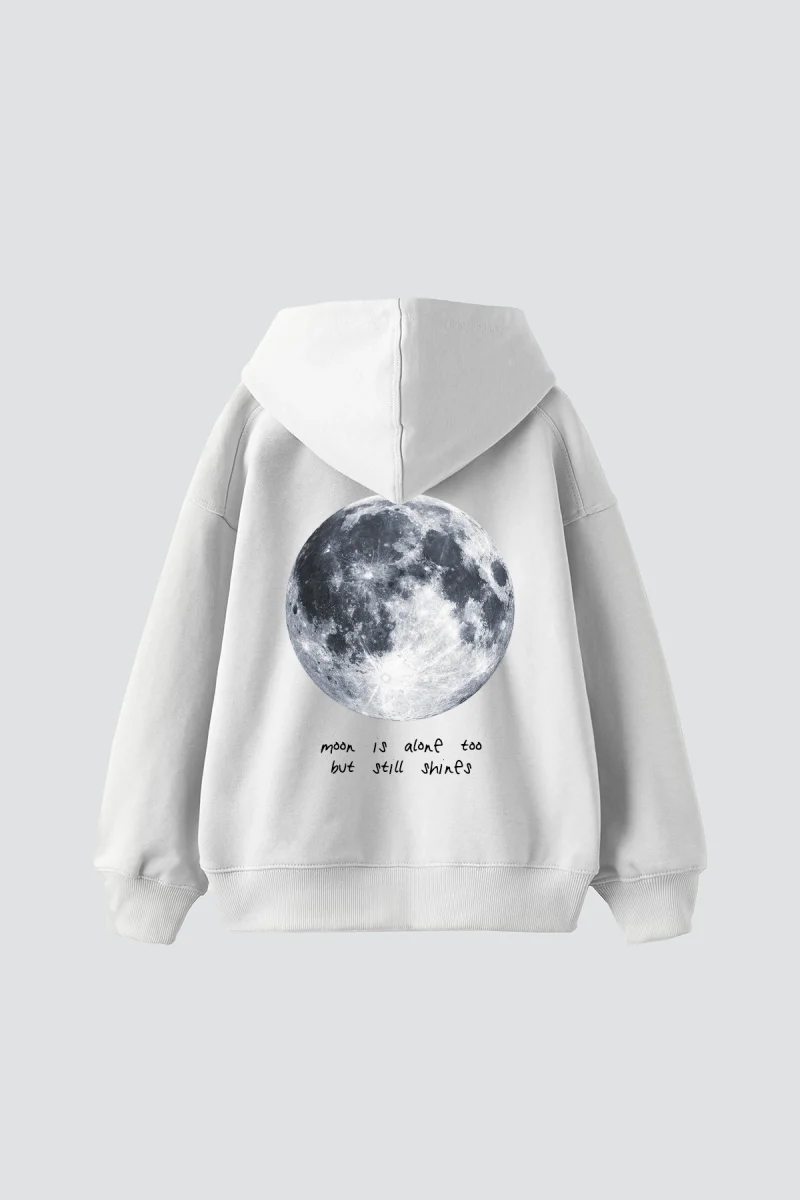 Moon İs Alone Baskılı Oversize Unisex Beyaz Hoodie