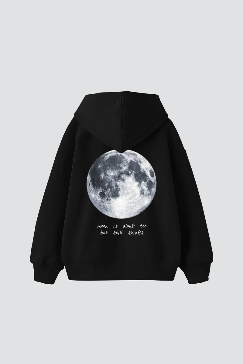 Moon İs Alone Baskılı Oversize Unisex Siyah Hoodie