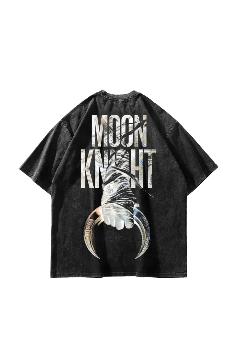 Moon Knight v1 Baskılı Yıkamalı Siyah Oversize Tshirt