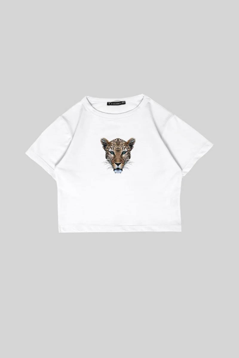 Mosaic Leopar Baskılı Beyaz Crop Top