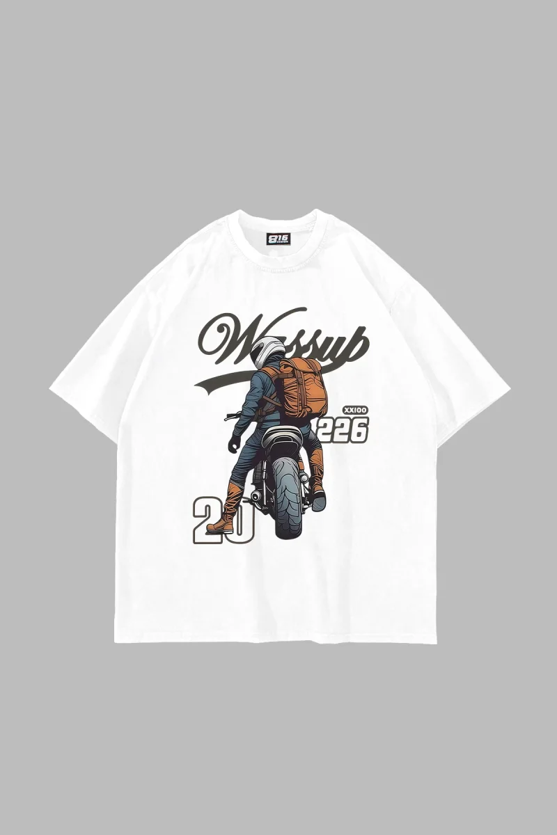 Moto Rider Baskılı Oversize Unisex Beyaz Tshirt