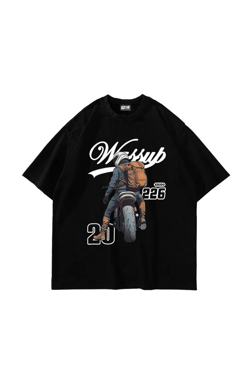 Moto Rider Baskılı Oversize Unisex Siyah Tshirt