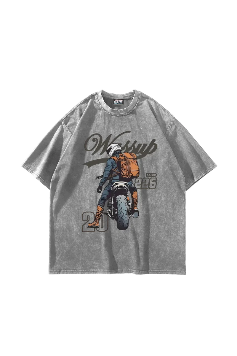 Moto Rider Baskılı Oversize Unisex Yıkamalı Beyaz Tshirt