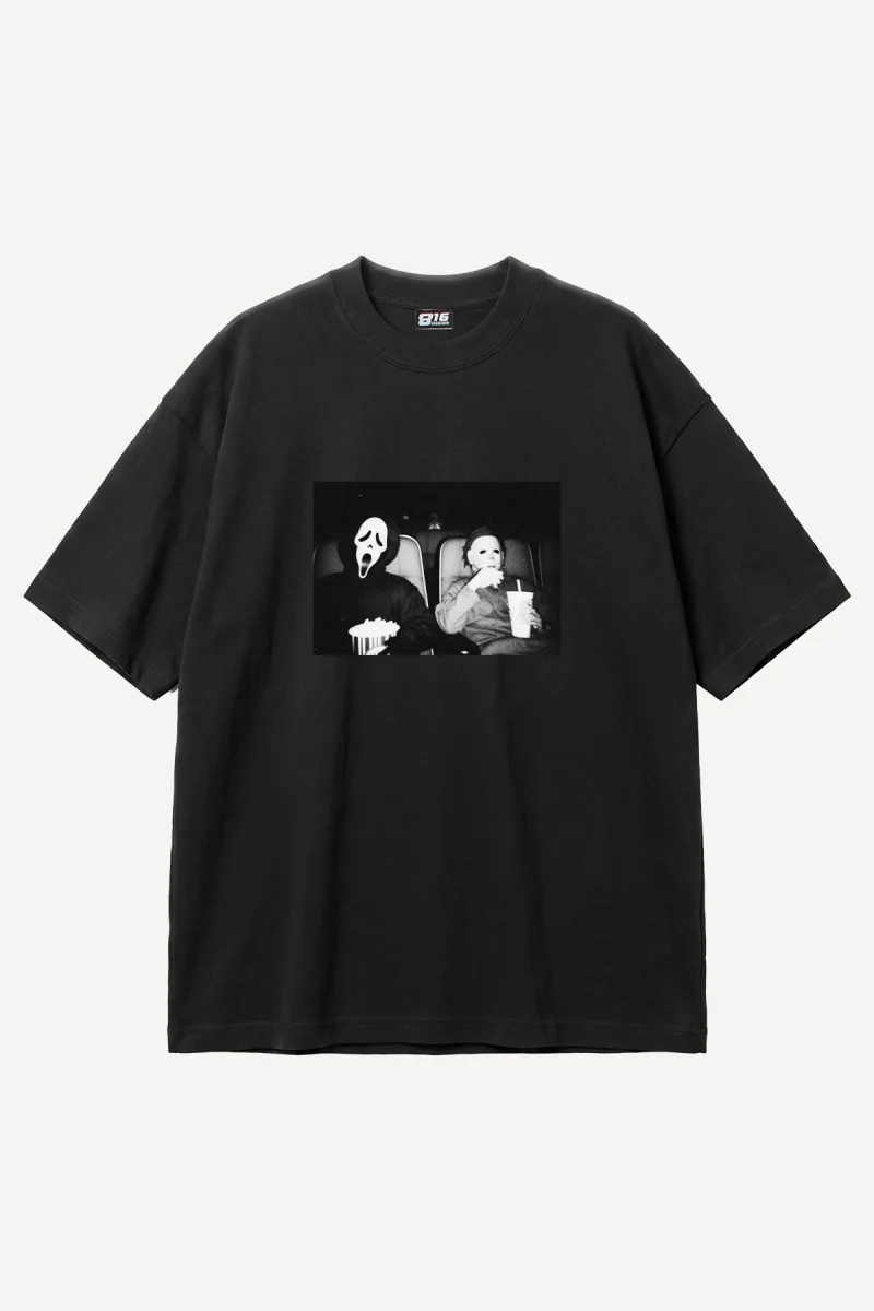 Movie Night Horror Baskılı Siyah Oversize Unisex Tshirt