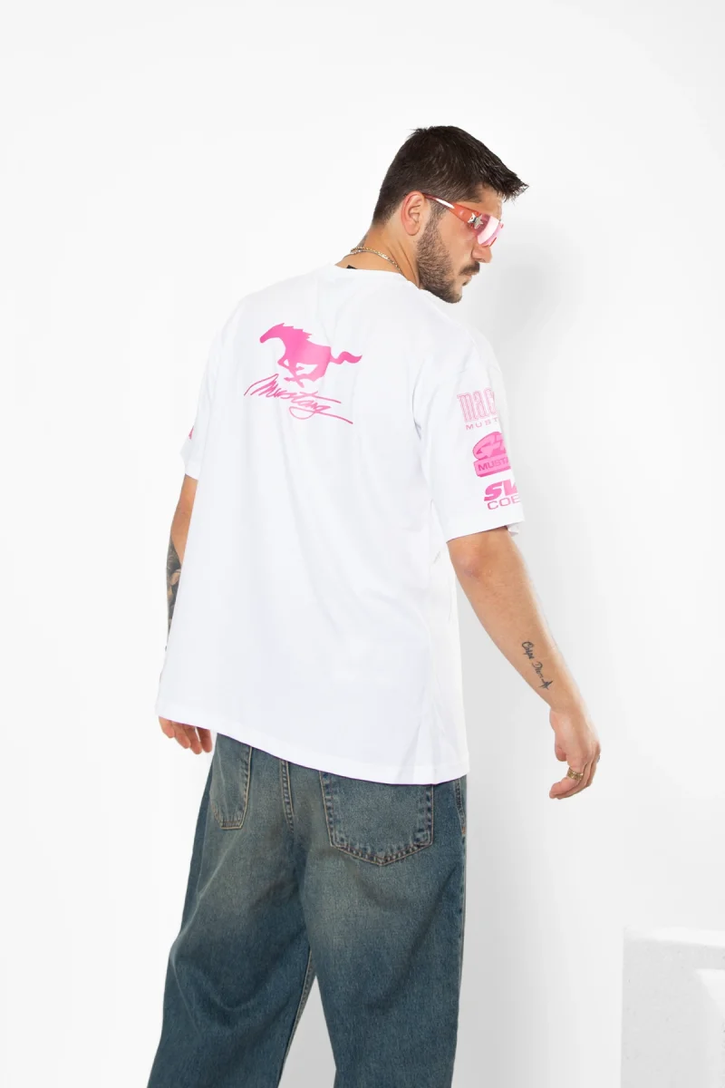 Mstng Baskılı Racing Oversize Unisex Beyaz Tshirt