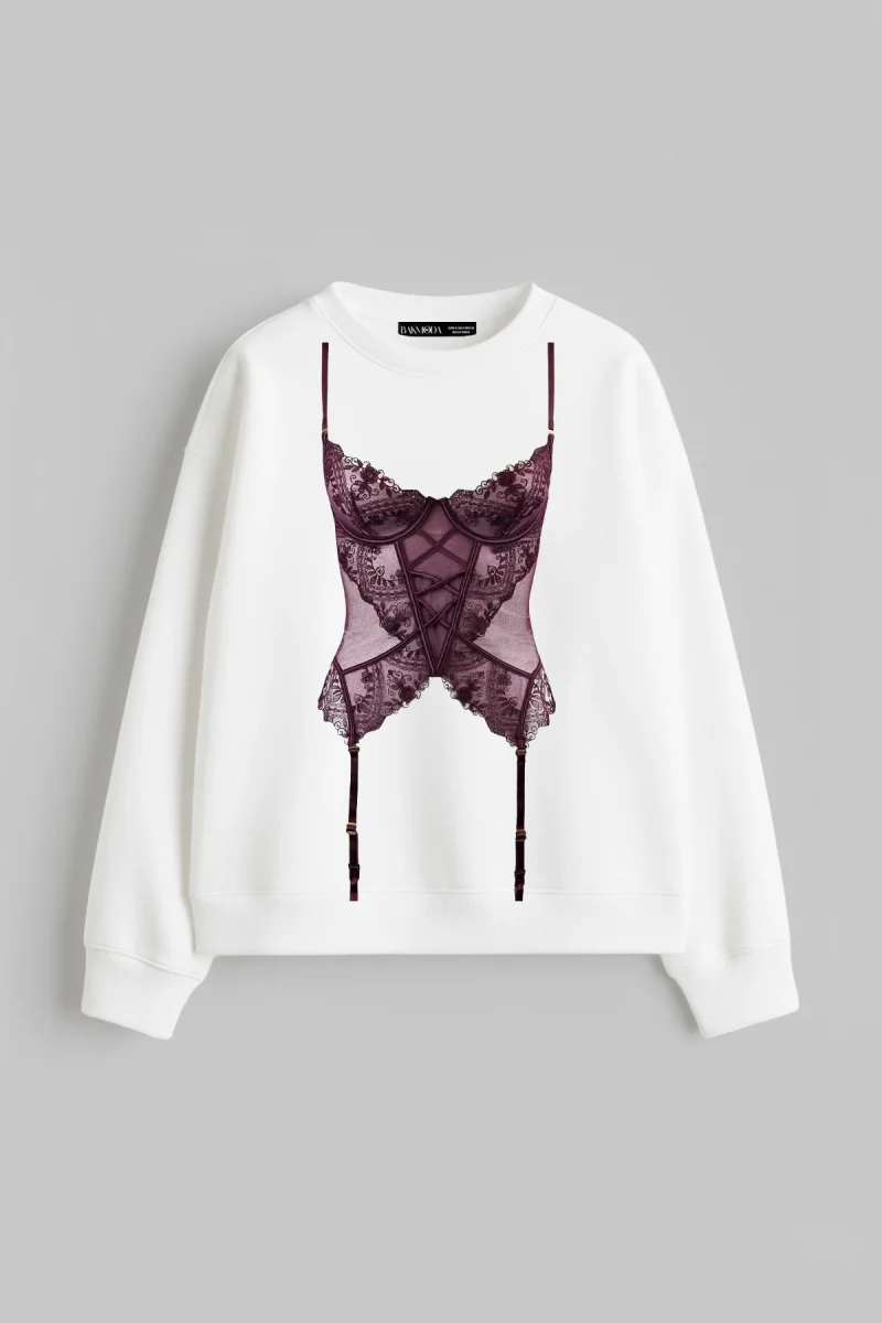 Mulberry Baskılı Kapüşonsuz Relaxed Fit Kadın Beyaz Sweatshirt