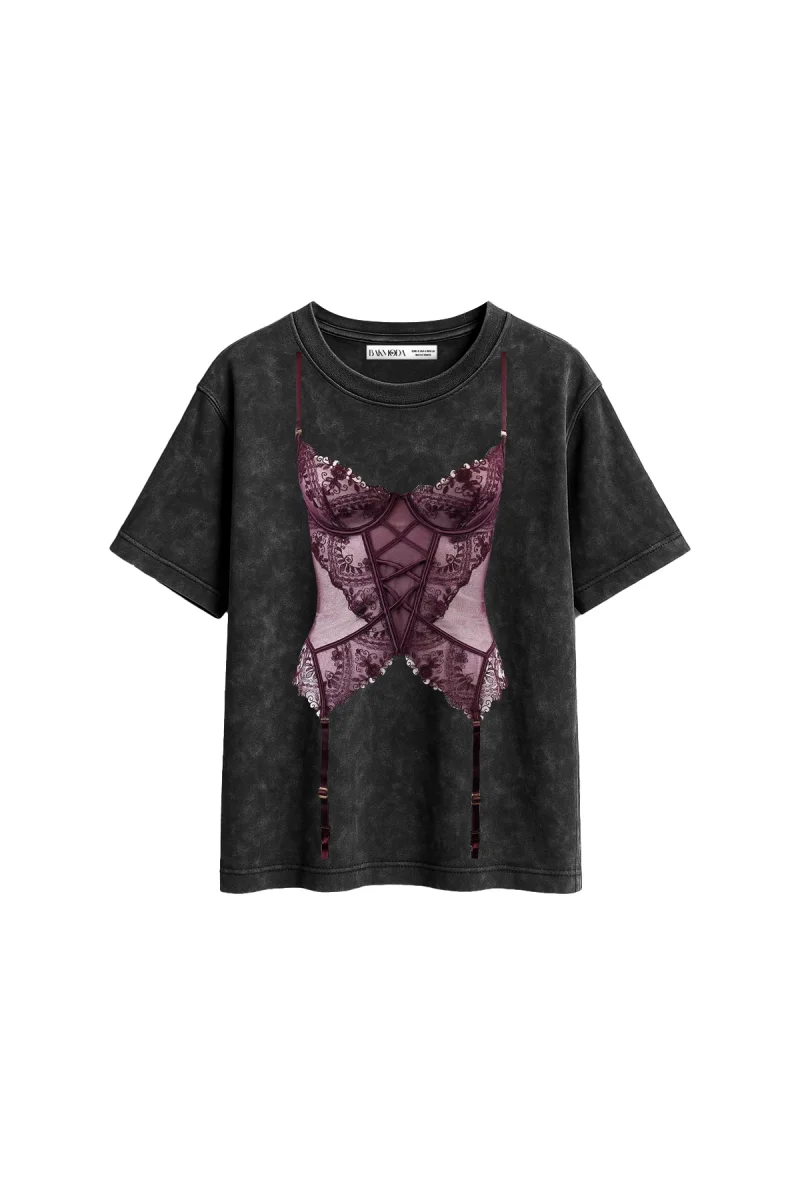 Mulberry Baskılı Relaxed Fit Yıkamalı Siyah Kadın Tshirt