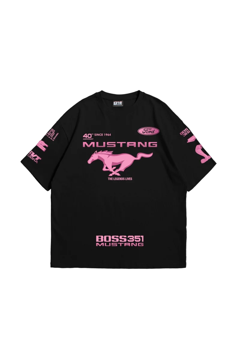 Mstng Baskılı Racing Oversize Unisex Siyah Tshirt