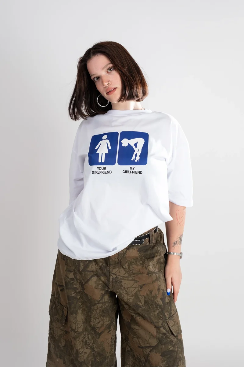 My Girlfriend Baskılı Oversize Beyaz Tshirt