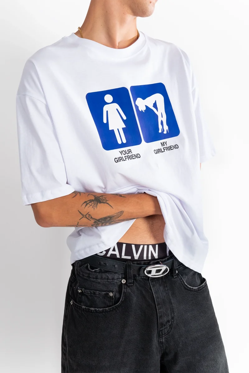 My Girlfriend Baskılı Oversize Beyaz Tshirt