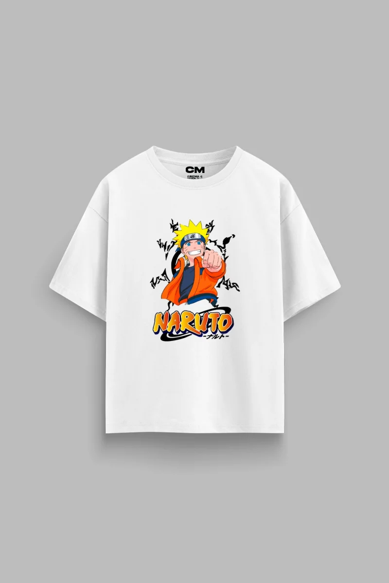 Naruto Baskılı Rahat Kalıp 30/1 Unisex Beyaz Tshirt