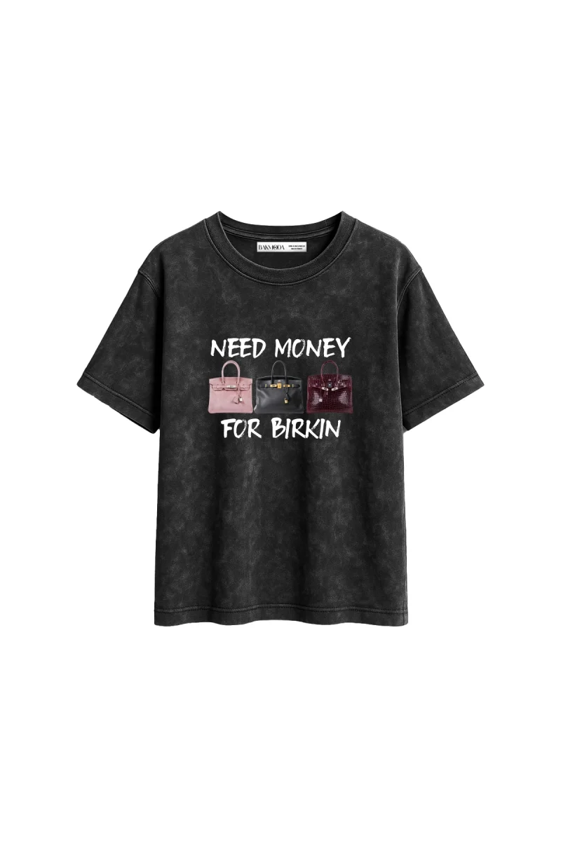 Need Money For B. Baskılı Relaxed Fit Yıkamalı Siyah Kadın Tshirt