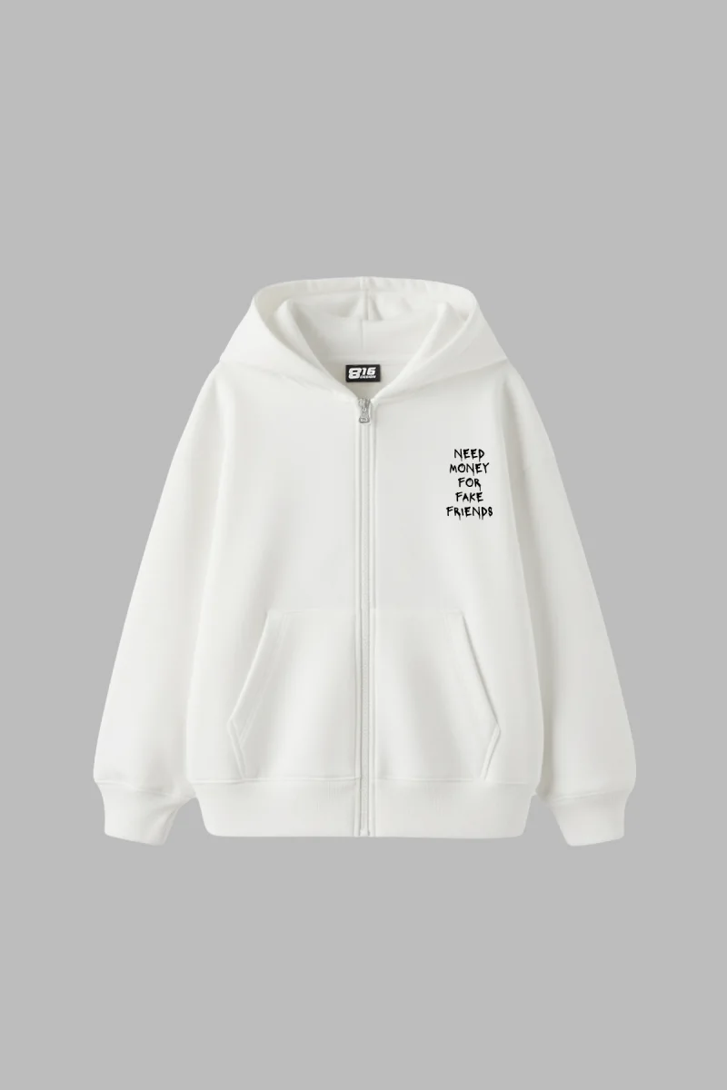 Need Money For Fake Friends Fermuarlı Zip Kapüşonlu Unisex Beyaz Sweatshirt