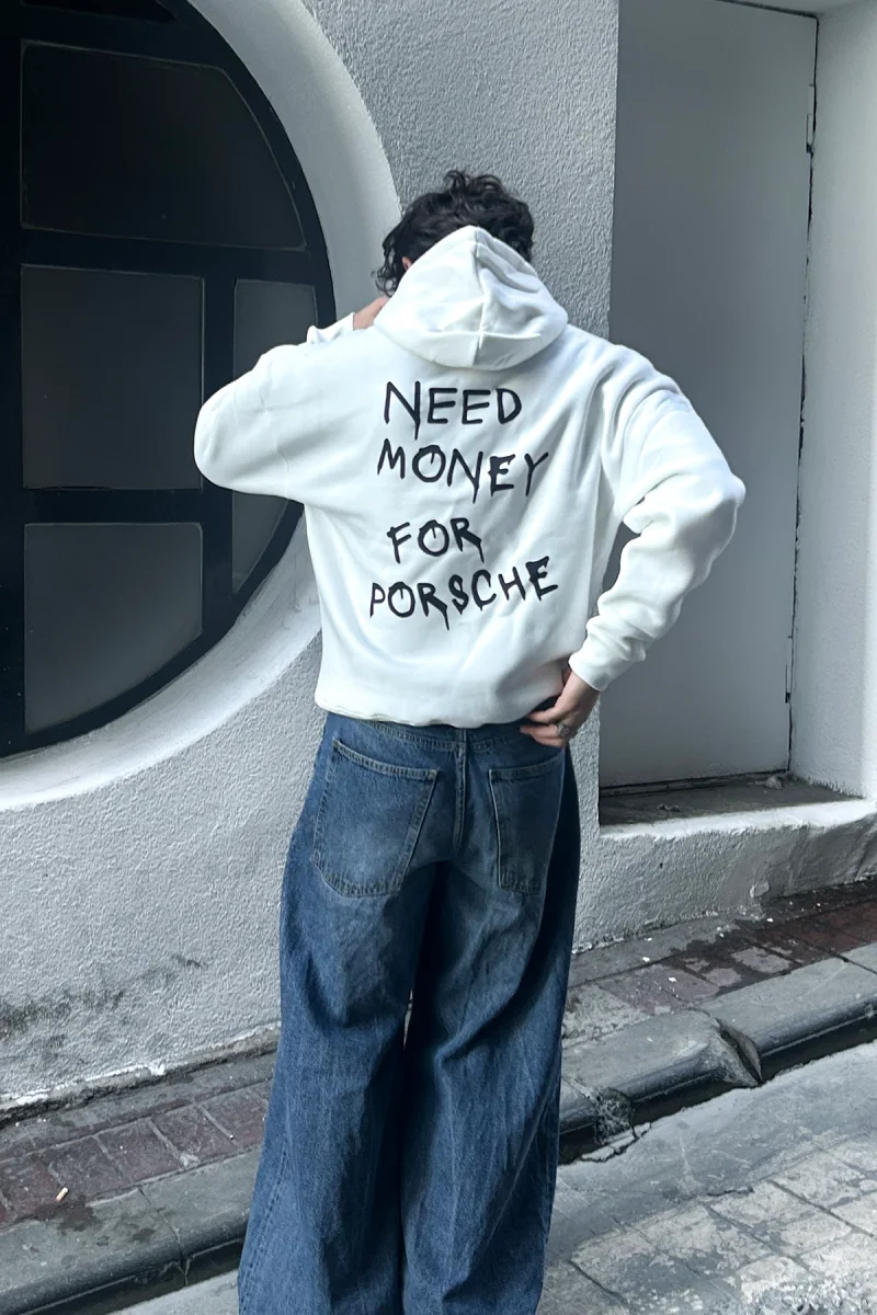 Need Money for Porsche Baskılı Oversize Unisex Beyaz Hoodie