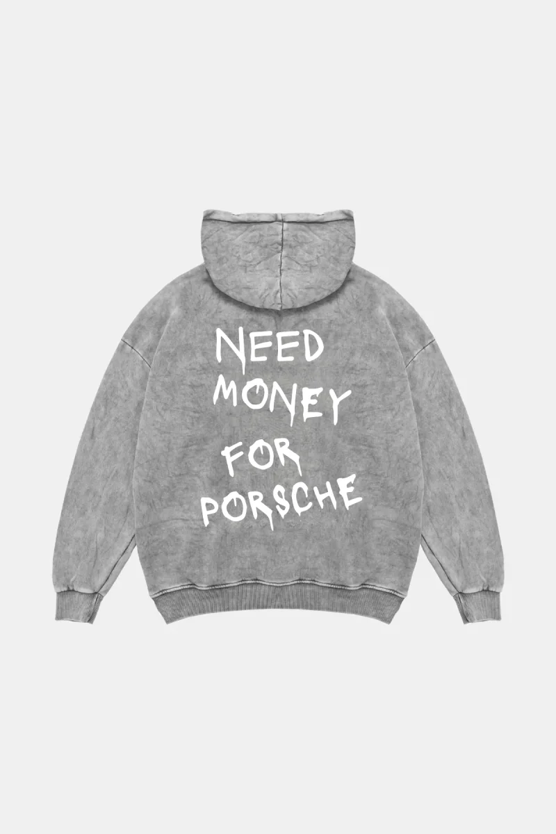 Need Money For Porsche Baskılı Oversize Unisex Yıkamalı Beyaz Hoodie