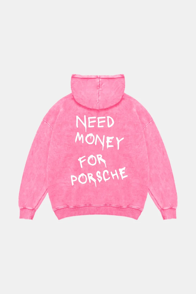 Need Money For Porsche Baskılı Oversize Unisex Yıkamalı Pembe Hoodie