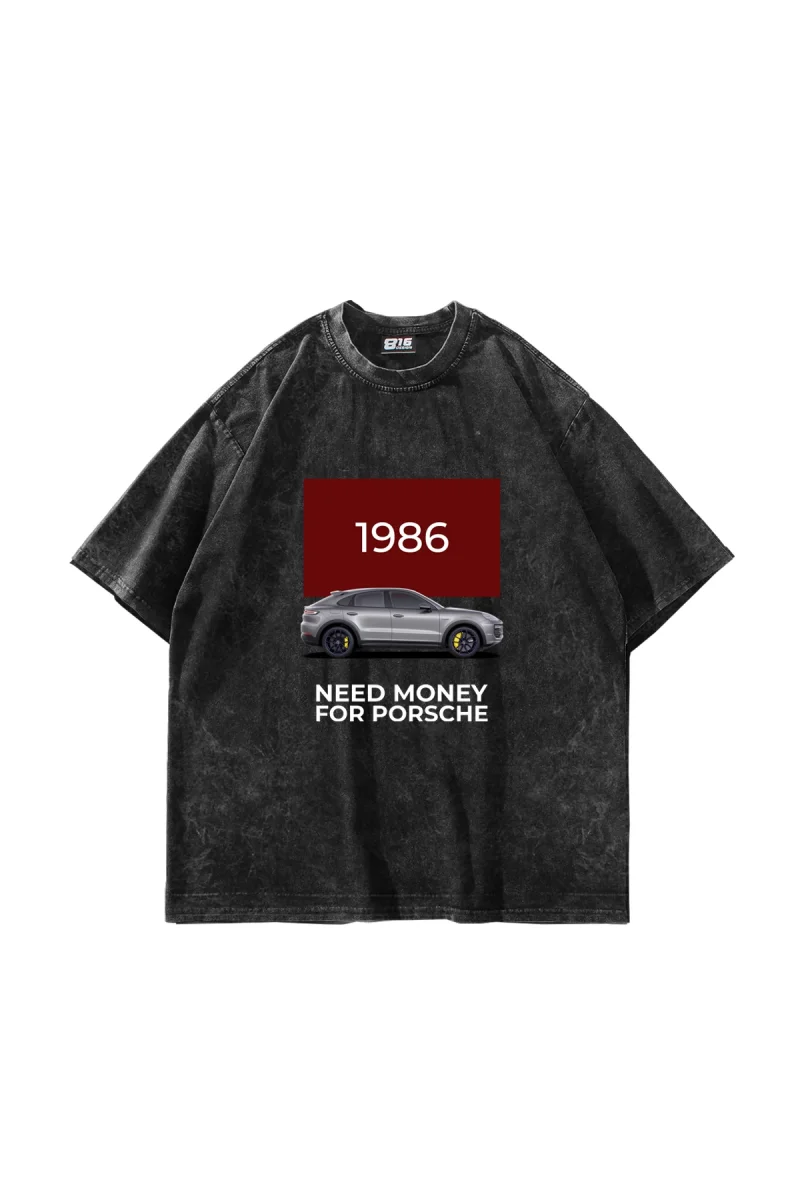 V2 Need Money For Porsche Baskılı Oversize Unisex Yıkamalı Siyah Tshirt