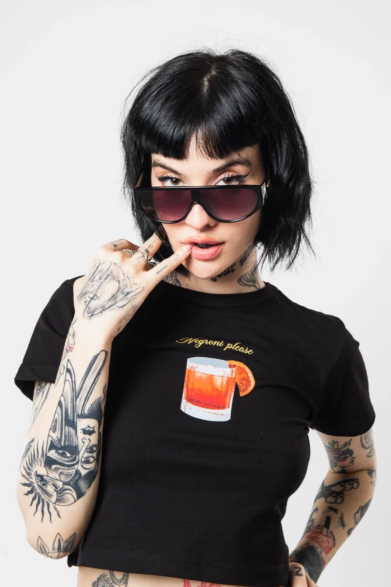 Negroni Baskılı Siyah Crop Top
