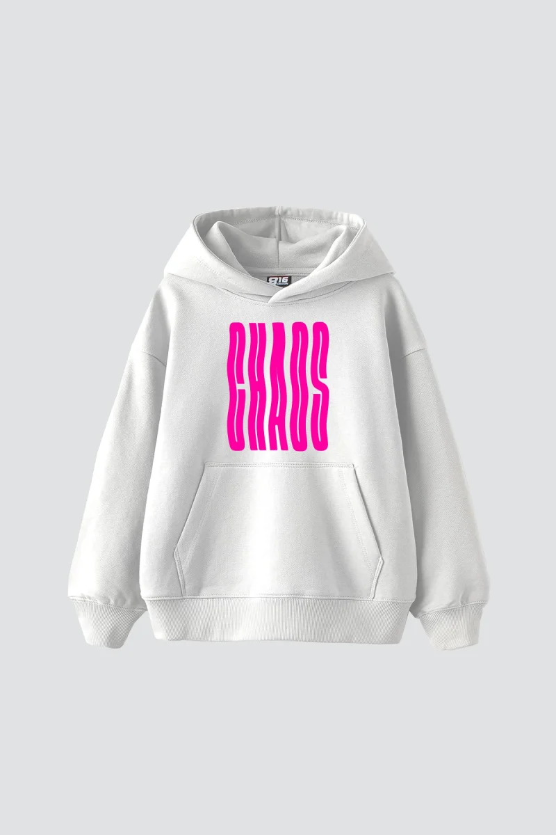 Neon Chaos Baskılı Oversize Unisex Beyaz Hoodie