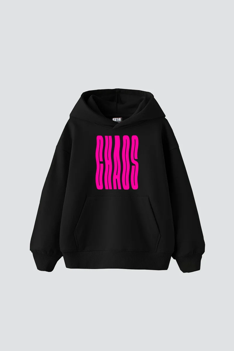 Neon Chaos Baskılı Oversize Unisex Siyah Hoodie