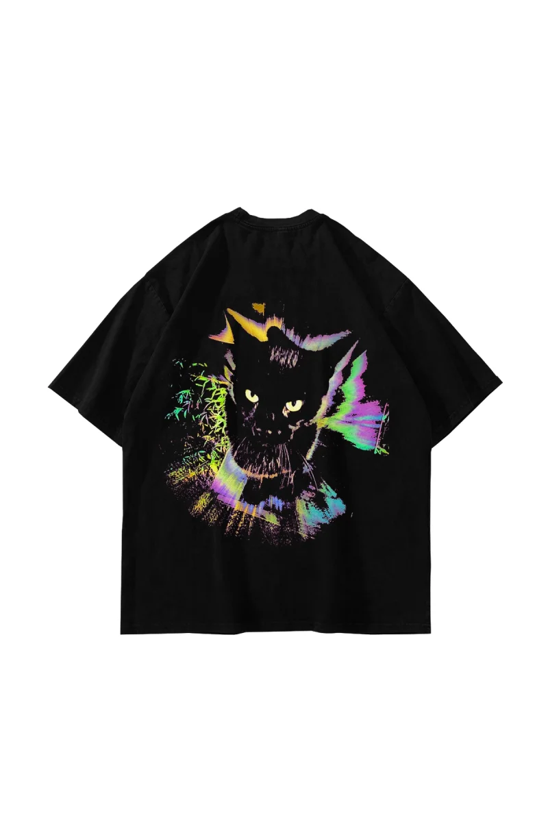 Neon Glitch Cat Baskılı Oversize Unisex Siyah Tshirt