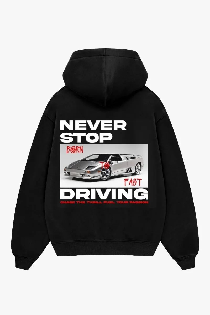 Never Stop Baskılı Oversize Unisex Siyah Hoodie