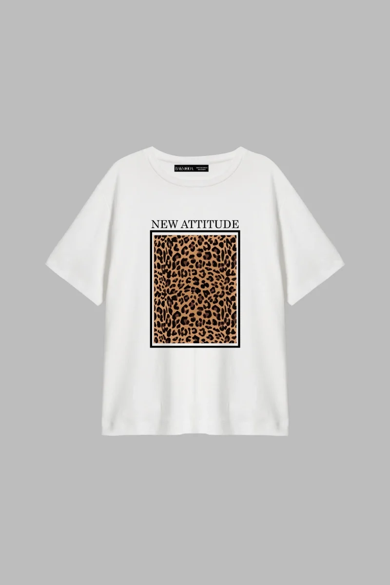 New Attıtude Baskılı Relaved Fit Beyaz Kadın Tshirt