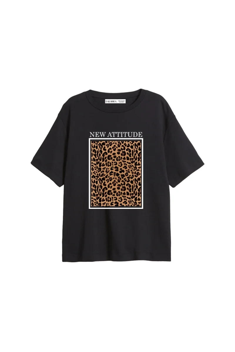 New Attıtude Baskılı Relaved Fit Siyah Kadın Tshirt