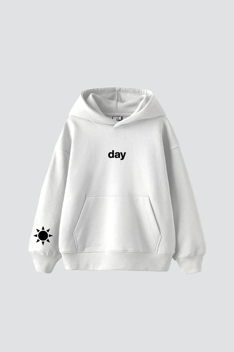 Day Night Baskılı Oversize Unisex Beyaz Hoodie