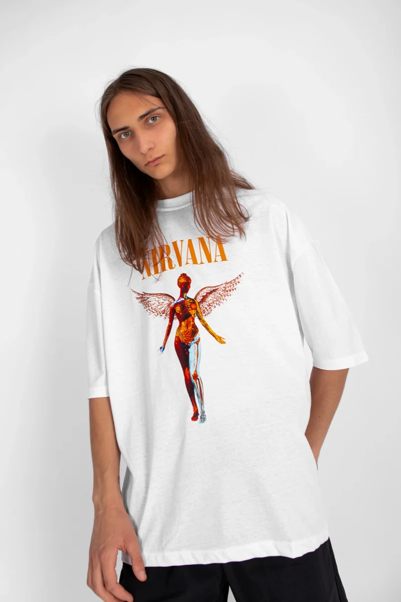 Nirvana Angel Baskılı Oversize Unisex Beyaz Tshirt