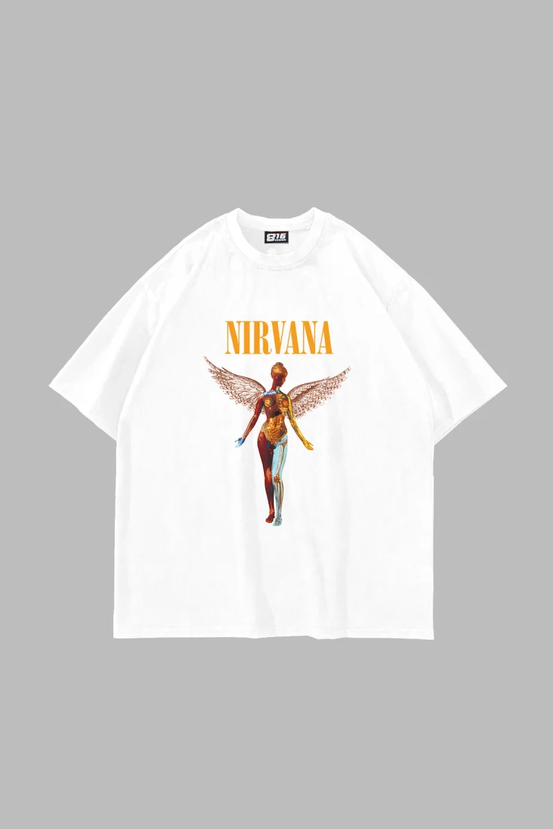 Nirvana Angel Baskılı Oversize Unisex Beyaz Tshirt