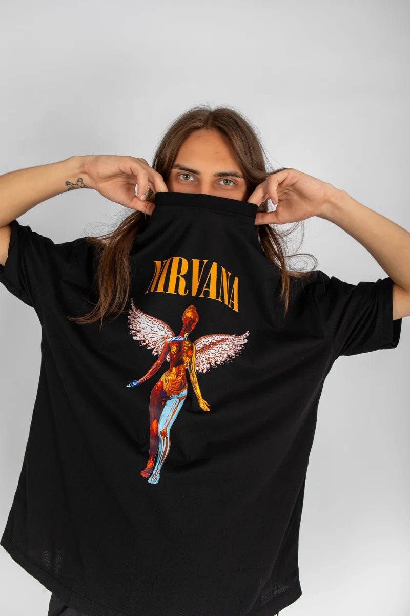 Nirvana Angel Baskılı Oversize Unisex Siyah Tshirt